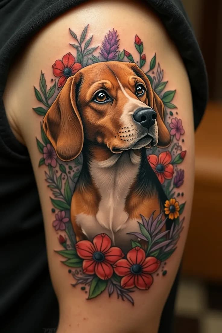 floral dog tattoo design, flowers, beagle portrait