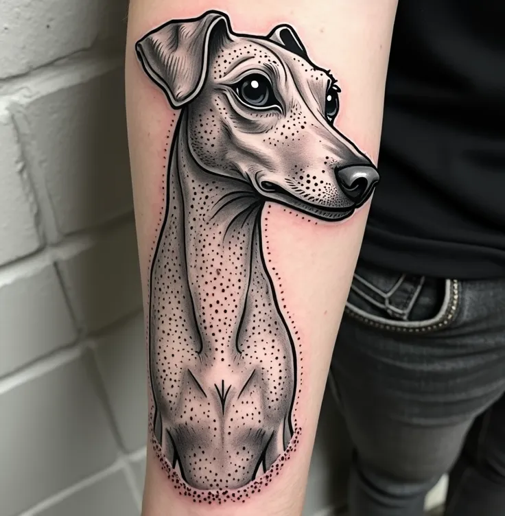 dotwork dog tattoo design, shading, whippet portrait