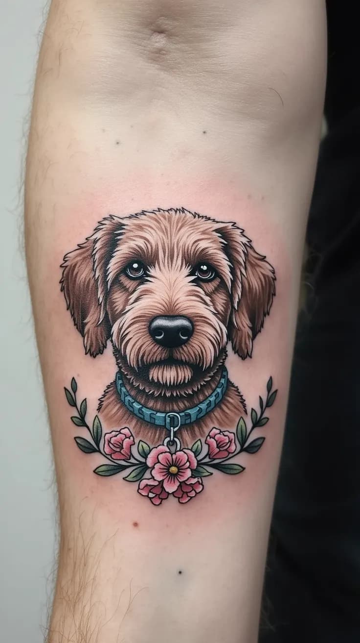 memorial dog tattoo design, , labradoodle portrait