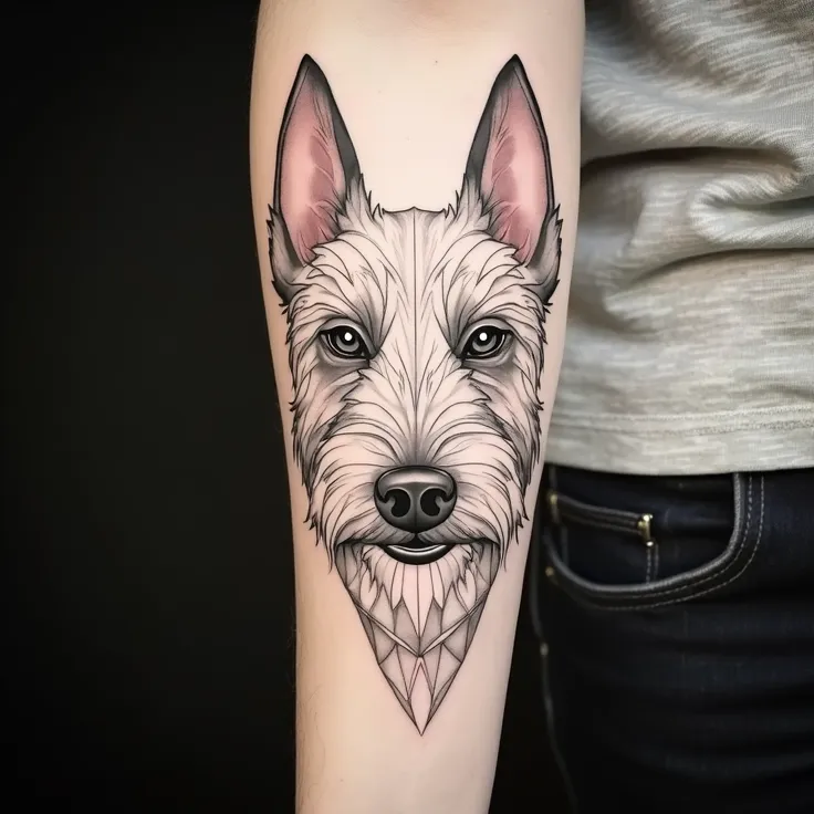 geometric dog tattoo design, polygons, shapes, symmetry, puli portrait