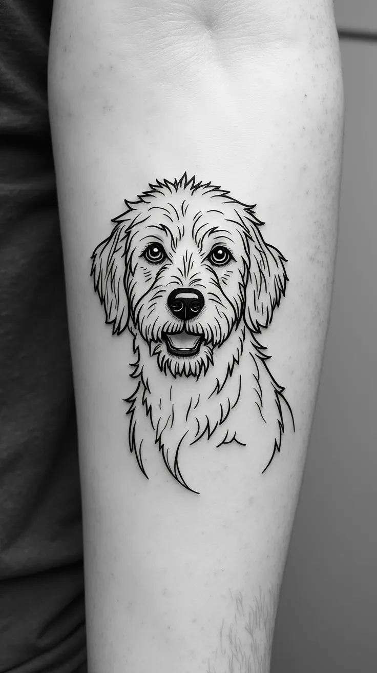 linework dog tattoo design, continuous lines, puli portrait